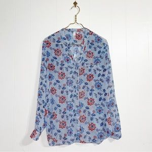 Kut From the Kloth Blouse Button Front Roll Tab Sleeve Blue Floral Semi Sheer L